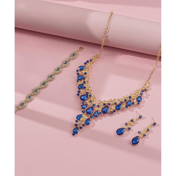 🆕Women Blue Crystal Jewelry Statement Choker Necklace Earrings Bracelets Set - Picture 3 of 6